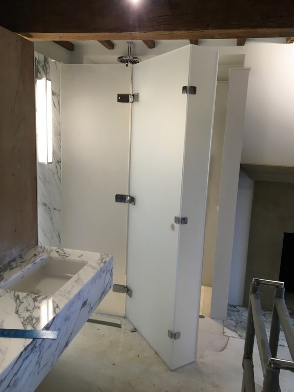 Bespoke frosted glass shower enclosure in Newport Pagnell luxury bathroom